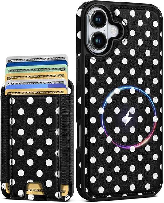 Shorogyt for iPhone 17 Wallet Case - Fits 5 Cards, Compatible with Magsafe Detachable Magnetic Credit Card Holder Leather Cardholder Cute Phone Cover Women Girls for Apple 17, Polka Dots