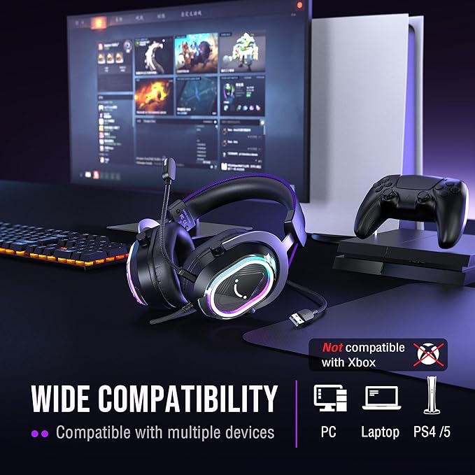 FIFINE Wired USB Gaming Headset: 7.1 Surround Sound - Vibrant Customizable RGB - Game/Chat Balance, Gamer Headphone with Noise Canceling Mic for PC, PS5/PS4, Laptop, Mac - AmpliGame H13BP