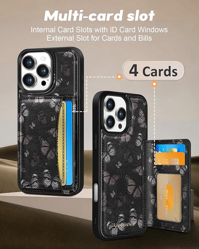 for iPhone 16 Pro Case with Wallet - Fits 4 Card Slots, Compatible with MagSafe for Women Aesthetic Durable Leather Credit Card Holder Kickstand Phone Cover for Apple 16 Pro, Black Butterfly