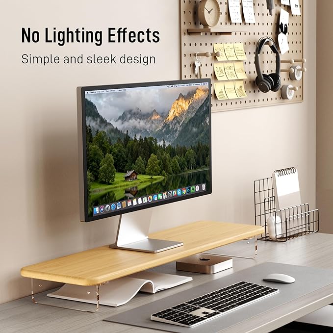 Monitor Stand Riser, Bamboo & Acrylic Computer Monitor Stand with LED Light, 31.5 inch Large Monitor Stand for Desk, Desktop Organizer Stand for Computer, Laptop, Printer, PC & TV Screen Riser
