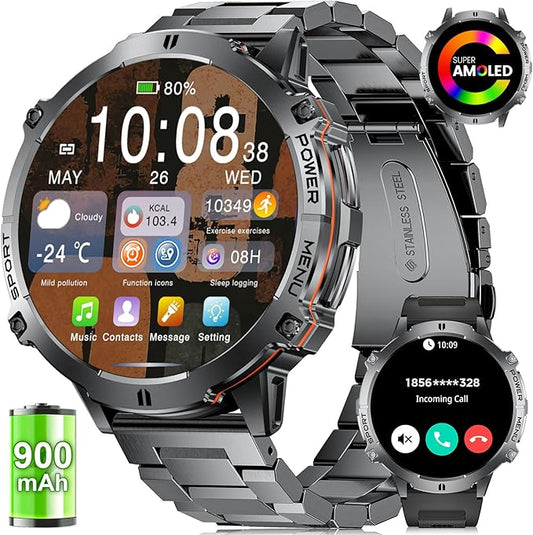 LIGE Military Smart Watches for Men with 900mAh Battery,1.73" HD AMOLED with Bluetooth Call,110+ Sports Mode Tactical Fitness Tracker/Heart Rate Sleep Health Monitor/Android iOS Smart Watch(Black)