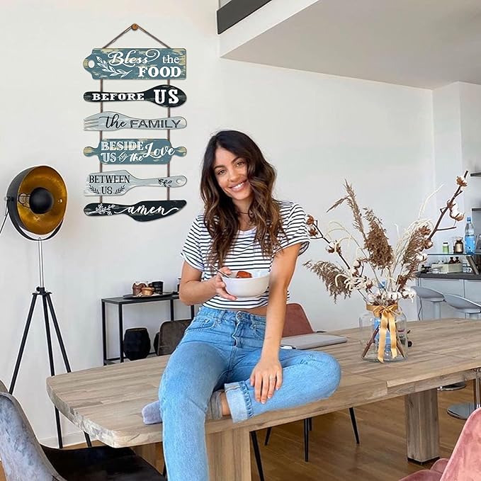 Bless the Food Before Us Farmhouse Kitchen Wall Decor - Dining Room Decorations Collage Wall Art in Neutral Teal/Aqua Color - Wooden Rustic 6pcs Roped Sign 25x14 Inches Vertical