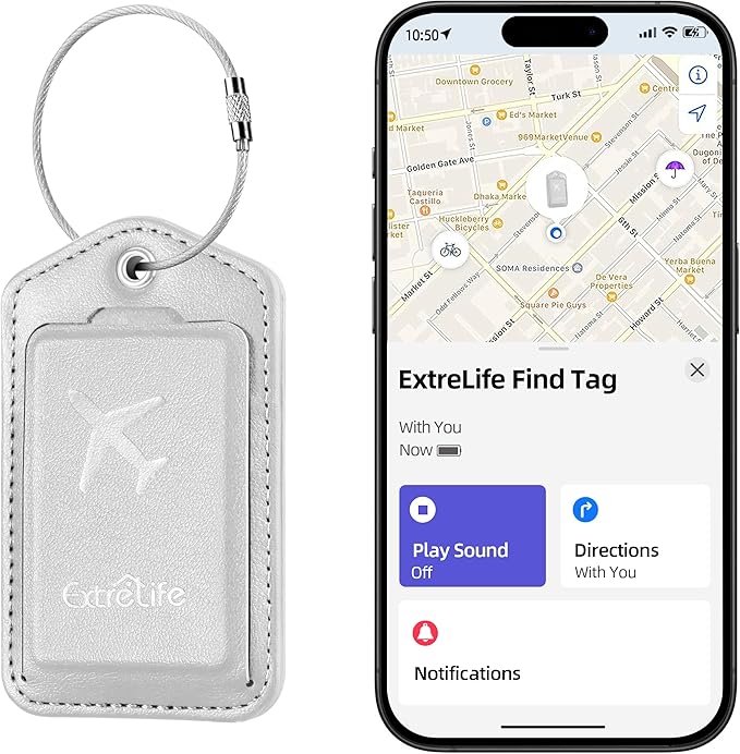 Luggage Tags, Works with Apple Find My, Leather Luggage Tag for Suitcases, Travel Tags, Bag Tag, Suitcase Tag with Privacy Flap, Anti-Lost Smart Luggage Tracker, Travel Essentials, Gray