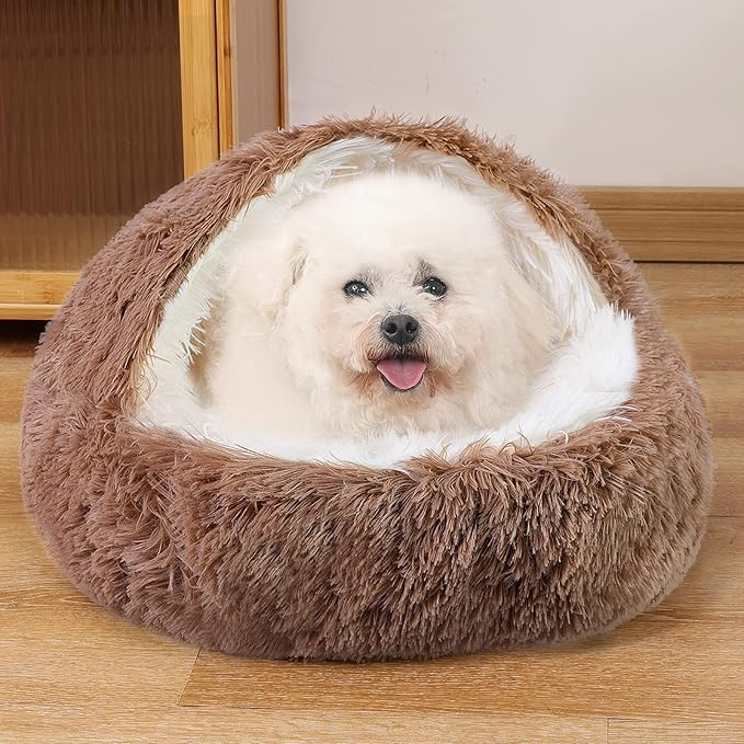 NOYAL Round Hooded Donut Dog Bed for Small & Medium Pets - Plush Fluffy Anti-Anxiety Cat Cave Bed with Cover