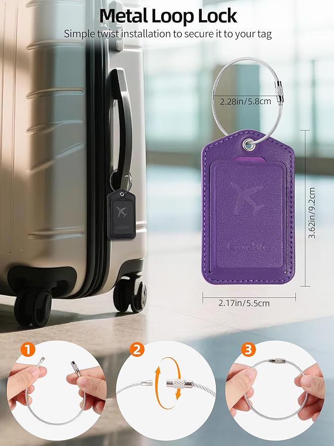 Luggage Tags, Works with Apple Find My, Leather Luggage Tag for Suitcases, Travel Tags, Bag Tag, Suitcase Tag with Privacy Flap, Anti-Lost Smart Luggage Tracker, Travel Essentials, Elegant Purple