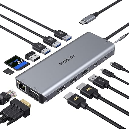 MOKiN 14 in 1 USB-C Docking Station - Dual Monitor Laptop Dock with 2 HDMI, VGA, 5 USB, SD/TF for Dell/Surface/HP/Lenovo Laptops