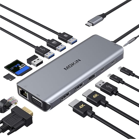 MOKiN 14 in 1 USB-C Docking Station - Dual Monitor Laptop Dock with 2 HDMI, VGA, 5 USB, SD/TF for Dell/Surface/HP/Lenovo Laptops