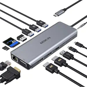 MOKiN 14 in 1 USB-C Docking Station - Dual Monitor Laptop Dock with 2 HDMI, VGA, 5 USB, SD/TF for Dell/Surface/HP/Lenovo Laptops