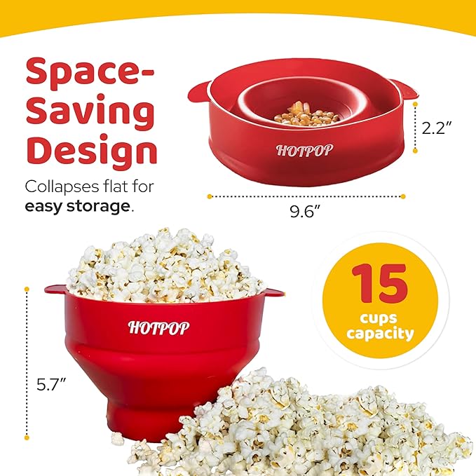 The Original HotPop Silicone Popcorn Maker - Microwave Popcorn Popper - Collapsible Bowl, Heat-Resistant, Easy to Clean, Ideal for Family Movie Nights, 15-Cup Capacity - Cherry
