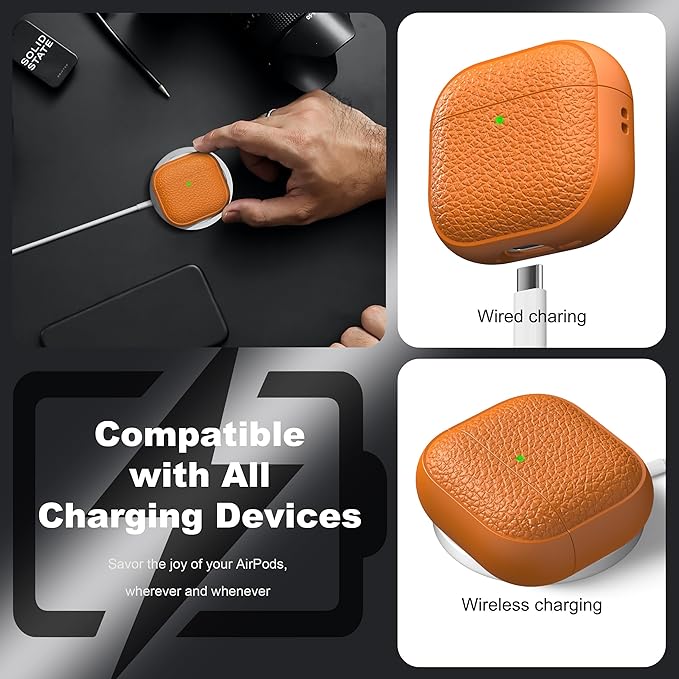 R-fun for Airpods 4 Case, Soft TPU (Leather-Like Design) Drop Protection Cover for Men and Women with Lanyard and Cleaner Kit, Compatible with Apple Latest Airpods 4th Gen(USB-C)(2024)-Orange