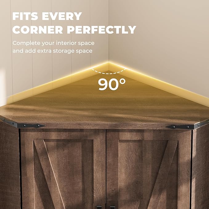Dripex 71" Corner Cabinet Brown, Farmhouse Kitchen Pantry Cabinet with Doors Storage & Adjustable Shelves, Tall Corner Storage Cabinet with LED Light, Food Pantry for Living Room, Dining Room