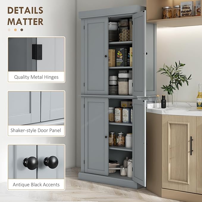 HOMCOM 72.5" Freestanding Kitchen Pantry Cabinet, Tall Storage Cabinet with 4 Doors and 2 Adjustable Shelves for Dining Room, Gray