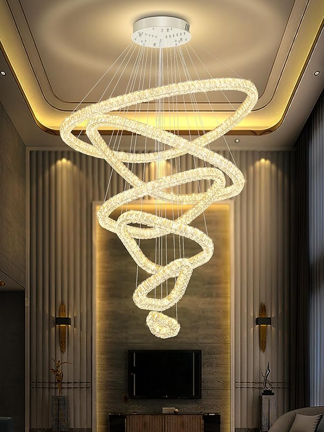Flashing God Modern 6 Ring Crystal Chandeliers for High Ceiling Large Foyer Chandeliers LED Dimmable Crystal Ceiling Light Fixtures for Entryway Living Room Staircase Sliver