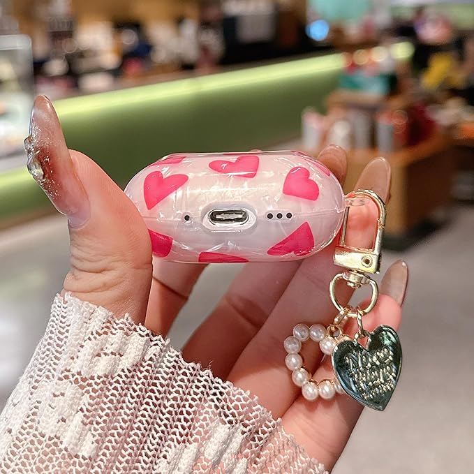 for Airpod 4 Case Cute Romantic Love Shell Pearl Protective Cover with Keychain Compatible with Airpods 4th Generation Case 2024 for Girls Women (Hot Pink Hearts)