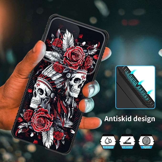 for Galaxy S25 Edge Case Built in Slide Camera Lens Cover,Heavy Duty Shockproof Protection Dual Layer Case for Samsung Galaxy S25 Edge 2025,Skull Art with Feathers and Roses