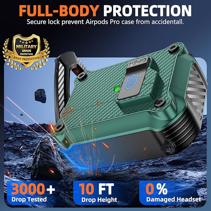 Compatible with AirPods Pro 2nd/1st Case,Magnetic Automatic Lock with Cleaning Kit,Compatible with Magsafe,Carbon Fiber Texture Cover -Green