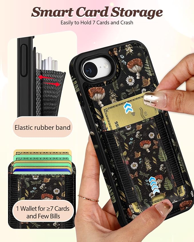 Shorogyt for iPhone 17e/16e Wallet Case - Fits 5 Cards, Compatible with Magsafe Detachable Magnetic Credit Card Holder Leather Cardholder Cute Phone Cover Women Girls for Apple 17e/16e, Mushroom