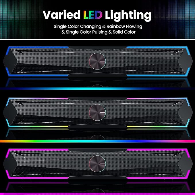 Pc Speakers Computer Sound Bar with Stereo Sound, Flowing LED & Push-Button Control Computer Speaker for Desktop Laptop Monitor, USB Input