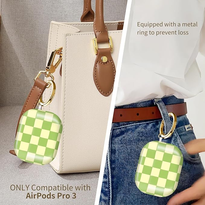 Compatible with AirPods Pro 3rd Generation 2025 Case Cover with Gold Keychain - Cute Protective Hard AirPod Pro 3 Cases for Women - Beige Green Checkered
