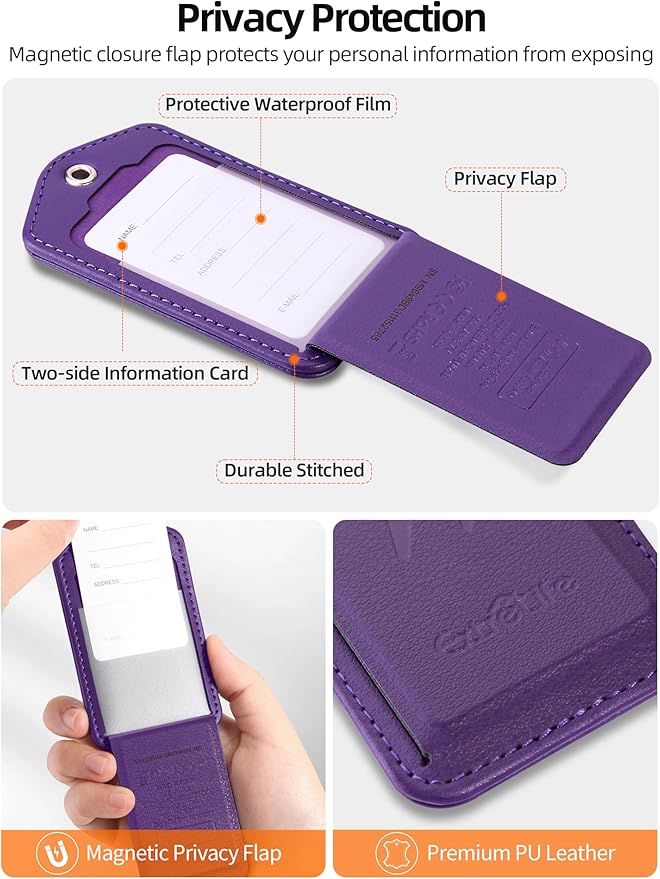 Luggage Tags, Works with Apple Find My, Leather Luggage Tag for Suitcases, Travel Tags, Bag Tag, Suitcase Tag with Privacy Flap, Anti-Lost Smart Luggage Tracker, Travel Essentials, Elegant Purple