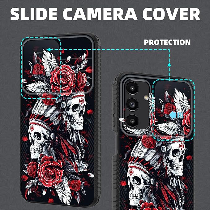 for Galaxy A15 5G Case Built in Slide Camera Lens Cover,Heavy Duty Shockproof Protection Dual Layer Case for Samsung Galaxy A15 5G 6.5 inch 2024,Skull Art with Feathers and Roses