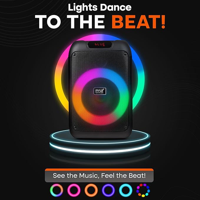 Pyle Party Speaker - 100W Bluetooth PA Karaoke Speaker with 8" Woofer, Features Echo, Bass & Treble Control, USB/SD/BT/FM Radio, MIC in, LED Lights, for Events, Home & DJ Use