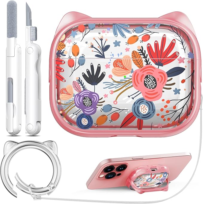 RFUNGUANGO AirPods Pro Case for Women Girly Cat Case with Lock, Phone Stand, Keychain & Cleaner Kit, Compatible with Apple Airpods Pro 2nd/1st Generation Case Cover, Pink Flower