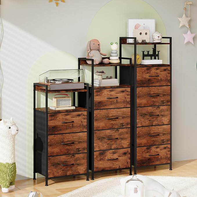 Somdot Night Stand with 4 Drawers, Vertical Storage Tower Fabric Dresser for Bedroom, Nightstand Bedside Table Furniture, Sturdy Steel Frame, Wooden Top & Easy Pull Fabric Bins, Wood Grain Print