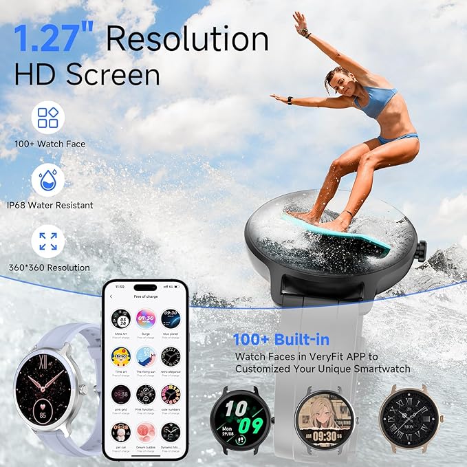 Smart Watches for Women Men 1.27" HD Fitness Tracker with Heart Rate/Sleep/Step/SpO2 Monitor, IP68 Waterproof Watch for Android iOS (Blue)