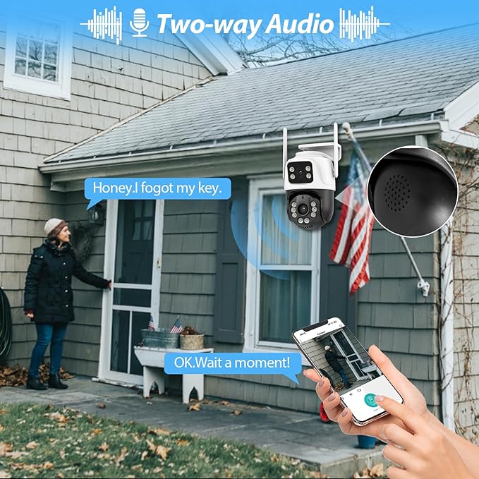 6MP Security Camera Outdoor, 360°PTZ Surveillance System, Dual Lens Security Camera 2.4Ghz 24/7 Record IP66 WiFi Camera for Home Security with Motion Detection, Color Night Vision,Two-Way Audio（White）
