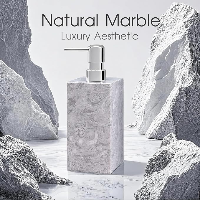 Real Natural Marble Soap Dispenser with Stainless Steel Pump Decorative Liquid Hand Soap Bottle for Kitchen Bathroom, Compatible with Lotion, Dish Soap Shower Gel (Grey 1 Set)