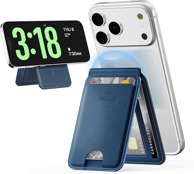 iWALK Stronger Magnetic Wallet, Upgraded for MagSafe Wallet, RFID Blocking, 5 Card Holder with Adjustable Stand, Slim Leather Phone Wallets for iPhone 16/15/14/13/12 Series, iPhone Wallets Navy Blue