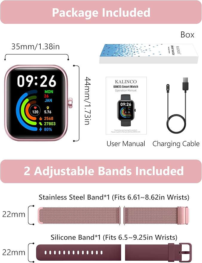 KALINCO Smart Watch Women [2 Bands, 44mm case] 1.83" Alexa Fitness Tracker, Heart Rate, Sleep, Stress Monitor, IP68 Waterproof Smartwatch, Make/Answer Calls, Compatible with iPhone & Android Phones