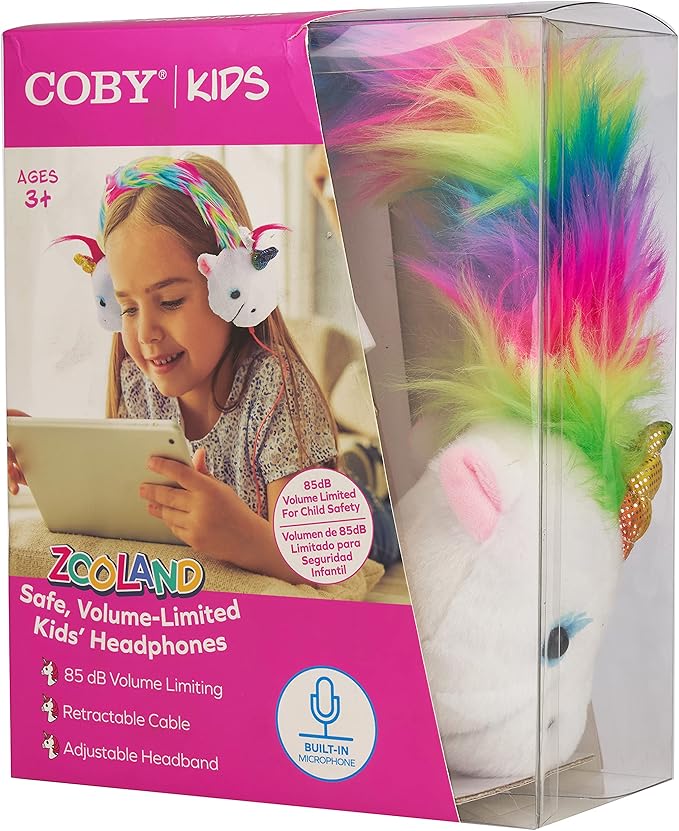 Coby Zooland Wired Plush Kids’ Headphones, Portable Over-Ear Headphones with 3.5mm Jack and Built-in Splitter, Volume Limit at 85 dBs, Built-in Microphone, Adjustable Headband, Unicorn Sparkle