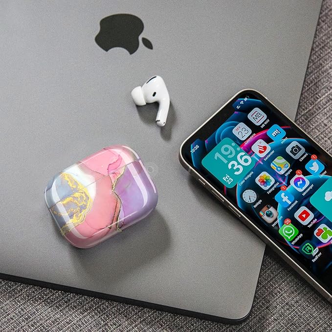 JIAXIUFEN Compatible with AirPods Pro 2019 / Airpods Pro 2nd Generation Case Cover Gold Sparkle Glitter Marble Design Cute Full Protective Silicone TPU Skin Accessories for Women Girl Pink Purple