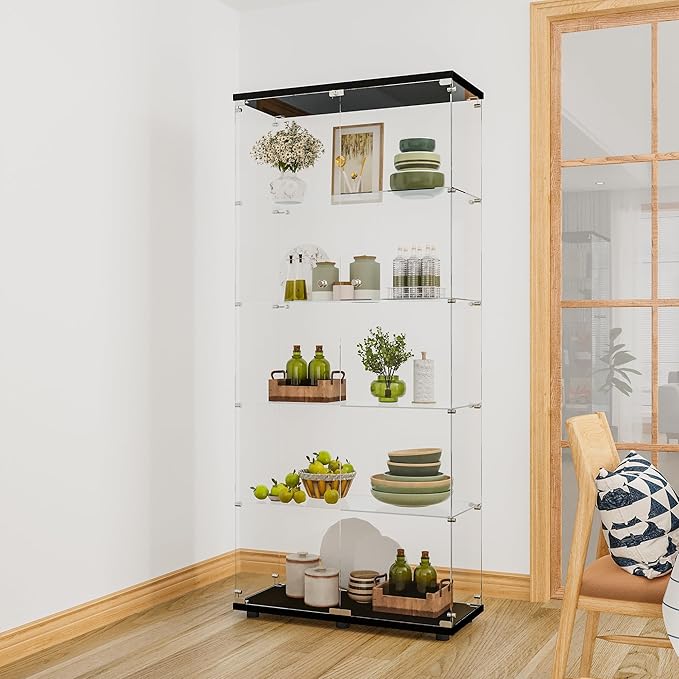 LFT HUIMEI2Y Glass Display Cabinet 5-Shelf with 2 Doors and Lock, Curio Cabinets Upgraded Quick-Install Style 5mm Tempered Glass Floor Standing Bookshelf for Living Room, Bedroom, Kitchen Black