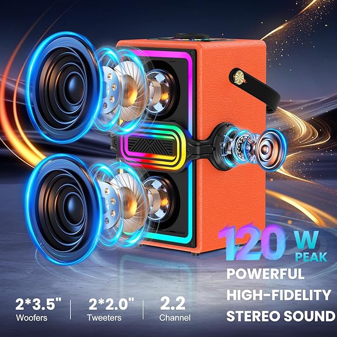Bluetooth Speaker, 120W Peak Power Wireless Speakers Boombox with Deep Bass, Portable Loud Stereo Sound Subwoofer with LED Light Show for Party, Outdoor, Camping (Orange)
