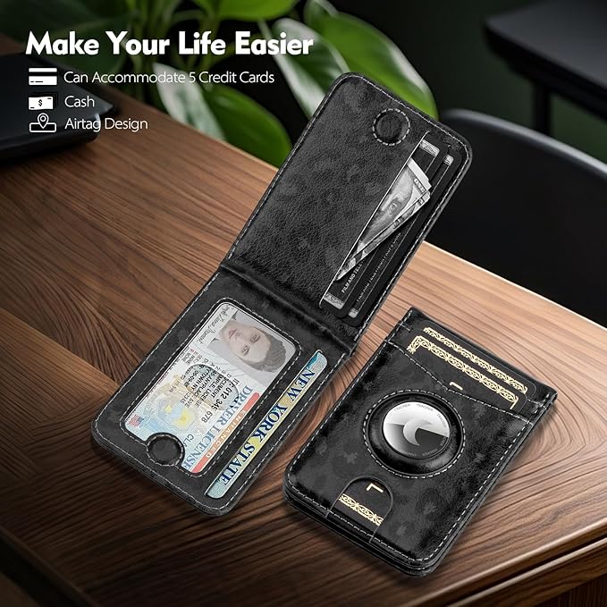 Compatible with Magsafe Case with RFID Blocking Card Holder AirTag pocket for iPhone 17/16/15/14/13/12 Pro/Pro Max/PlusSeries,Not Fit iPhone Mini,Leopard-Black