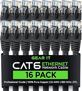 GEARit Cat 6 Ethernet Patch Cable 1 ft Black (16 Pack) - Cat6 Patch Cables 1 ft Black/Ethernet Patch Cable, 10Gbps 24AWG Pure Copper, Snagless RJ45 for Router, Switch, PC, PS5, Server