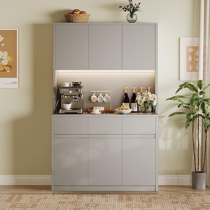 71" Tall Kitchen Pantry Cabinet, Adjustable Shelves & Doors and Three Drawers, Microwave Shelf, Coffee Bar with LED Lights & Charging Station, Corner Storage Hutch for Living Room, Gray