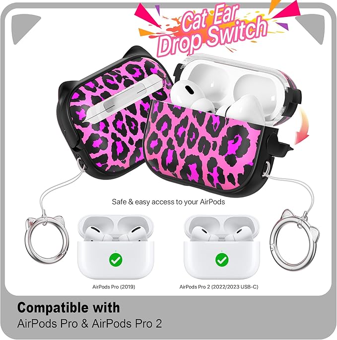 RFUNGUANGO AirPods Pro Case for Women Girly Cat Case with Lock, Phone Stand, Keychain & Cleaner Kit, Compatible with Apple Airpods Pro 2nd/1st Generation Case Cover, Rose Red Leopard Print