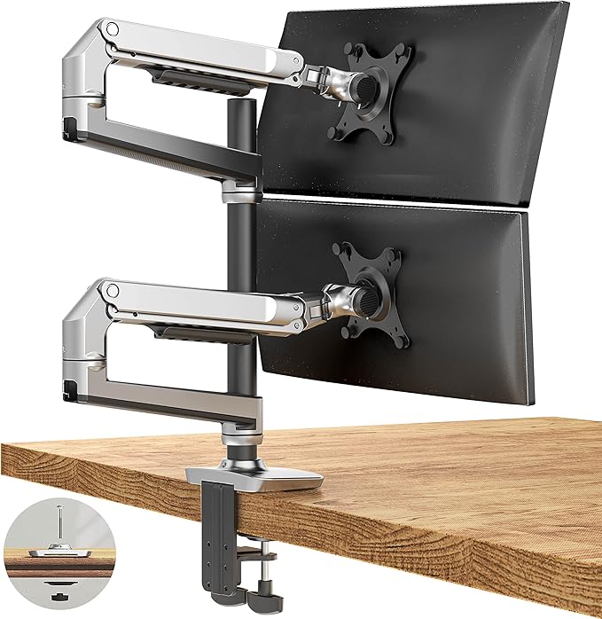 Dual Monitor Mount, Holds Screens up to 40 Inches and 25 lbs, Fully Adjustable Dual Monitor Arm with C-Clamp and Grommet Base, Aluminum, Silver
