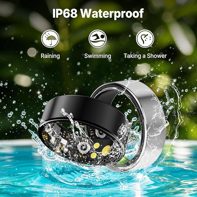 Health Rings for Women Men, Fitness Tracker with Heart Rate,Blood Oxygen, Blood Pressure, Sleep/Step Tracker, IP68 Waterproof Smart Ring for iPhone & Android (Silver, 9#)