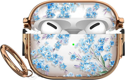 Maxjoy for AirPods Pro 3rd Generation Case with Lock, Clear AirPods Pro 3 Case Lock Protective Hard Flower AirPod Pro 3 Cover for Women Men with Keychain for Airpod Pro 3rd Gen Cover 2025, Blue
