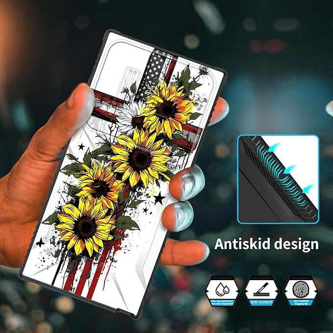for Galaxy S24 Ultra Case Built in Slide Camera Lens Cover,Heavy Duty Shockproof Protection Dual Layer Case for Samsung Galaxy S24 Ultra 6.8" 2024,Cross American Flag Sunflower