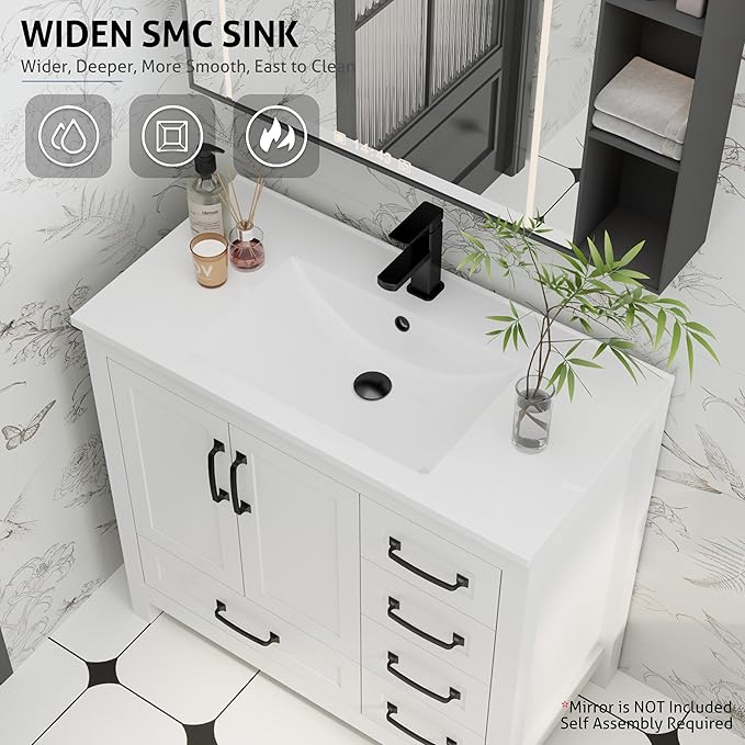 eclife 36" Bathroom Vanities with Sink Combo, Modern Thickened Wood Bathroom Storage Cabinet w/Undermount Sink, Matte Black Faucet Drain, Painted Surface, White