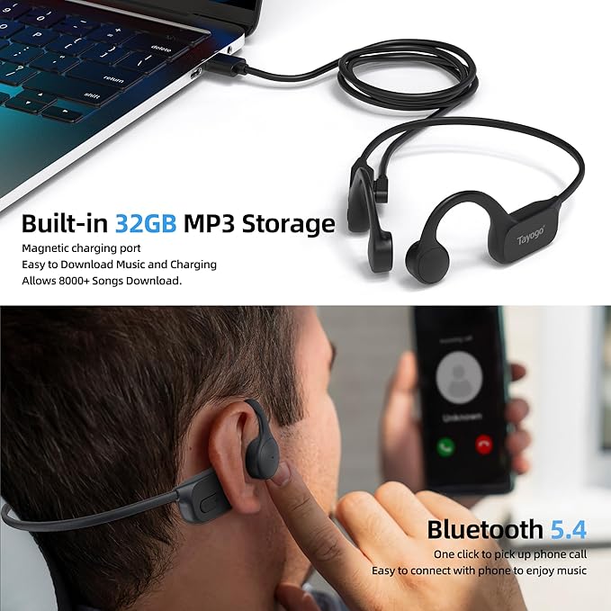 Tayogo 32GB Waterproof MP3 Player for Swimming Laps | IPX8 Bone Conduction Swimming Headphones | Open-Ear Underwater Headset with 8-Hour Playtime