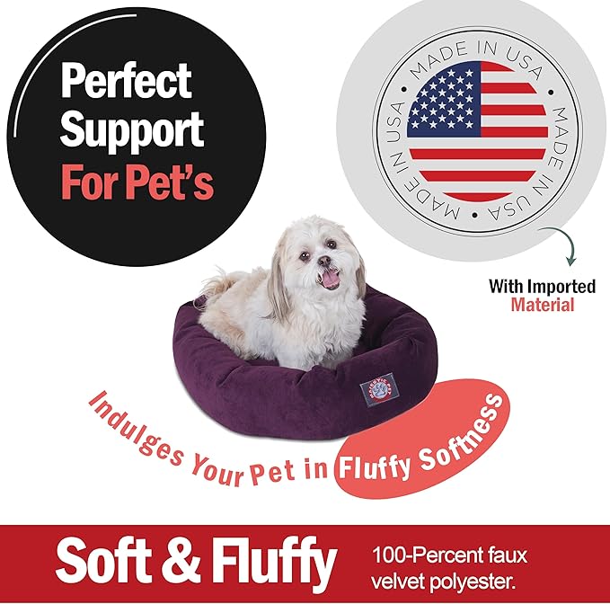 Majestic Pet 24 Inch Micro Velvet Calming Dog Bed Washable – Cozy Soft Round Dog Bed with Spine for Head Support - Fluffy Donut Puppy Mat 24x19x7 (inch) Small – Aubergine