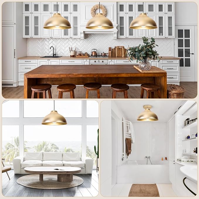 11.8" Aluminum Modern Farmhouse Pendant Light,Adjustable Height 47 Inch Cord Dimmable Compatible E26 Base Sandblasting Oxidation Round Dome Hanging Light Fixture for Kitchen Island Indoor (Gold)