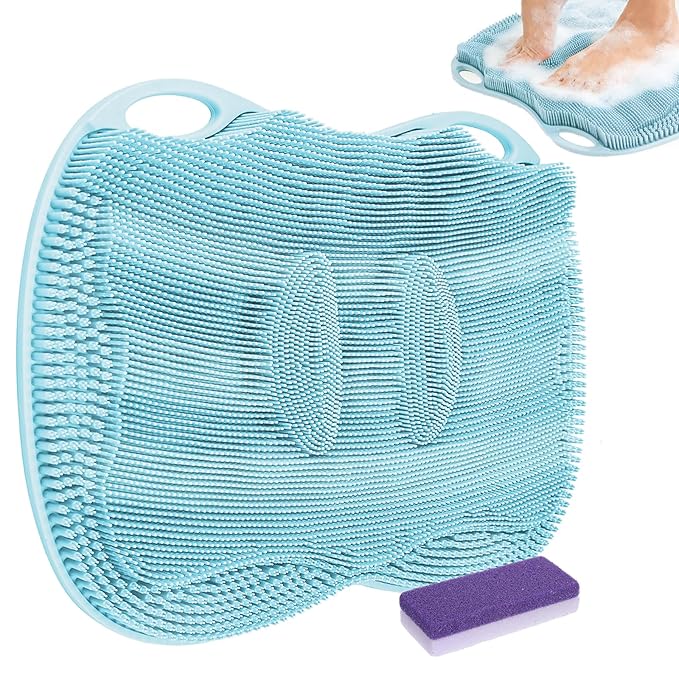Foot Scrubber Mat Large Feet Scrubber + Pumice Stone 2 Pack for Shower Floor Bathtub - Dead Skin Callus Remover, Foot Spa Toes Between Brush Exfoliating Cleaner Pad in Shower Non-slip Messager, Blue
